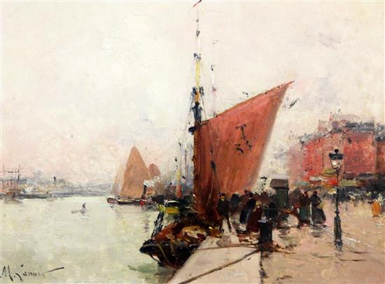Maurice Lenoir (French 1872-1931) Quayside scene, 9 x 12.5in.